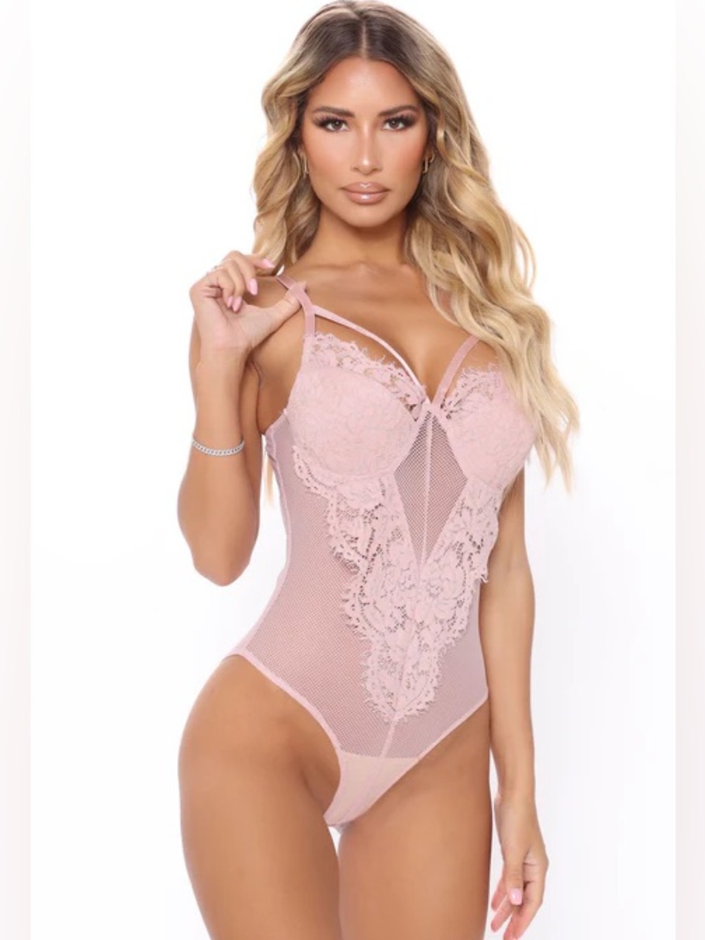 NWT Fashion Nova Pink Wanderlust Lace Bodysuit Size M Coquette Girl Night Out